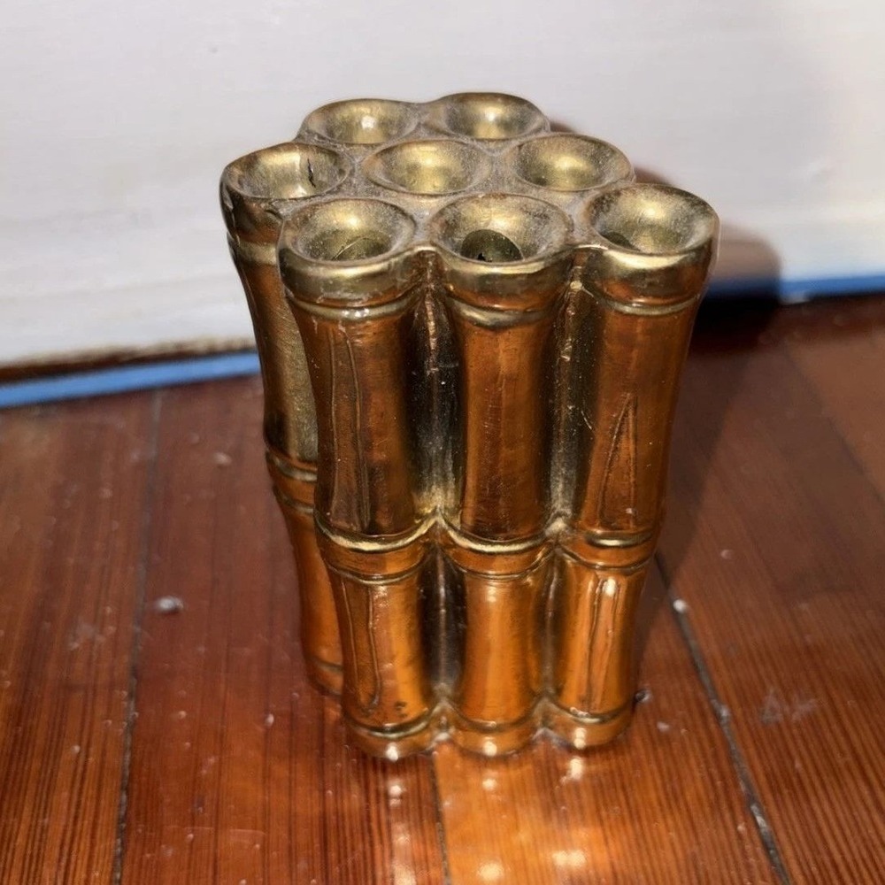 Vintage Brass Faux Bamboo 7 Hole Bud Vase Hollywood Regency Decorative Accent‎